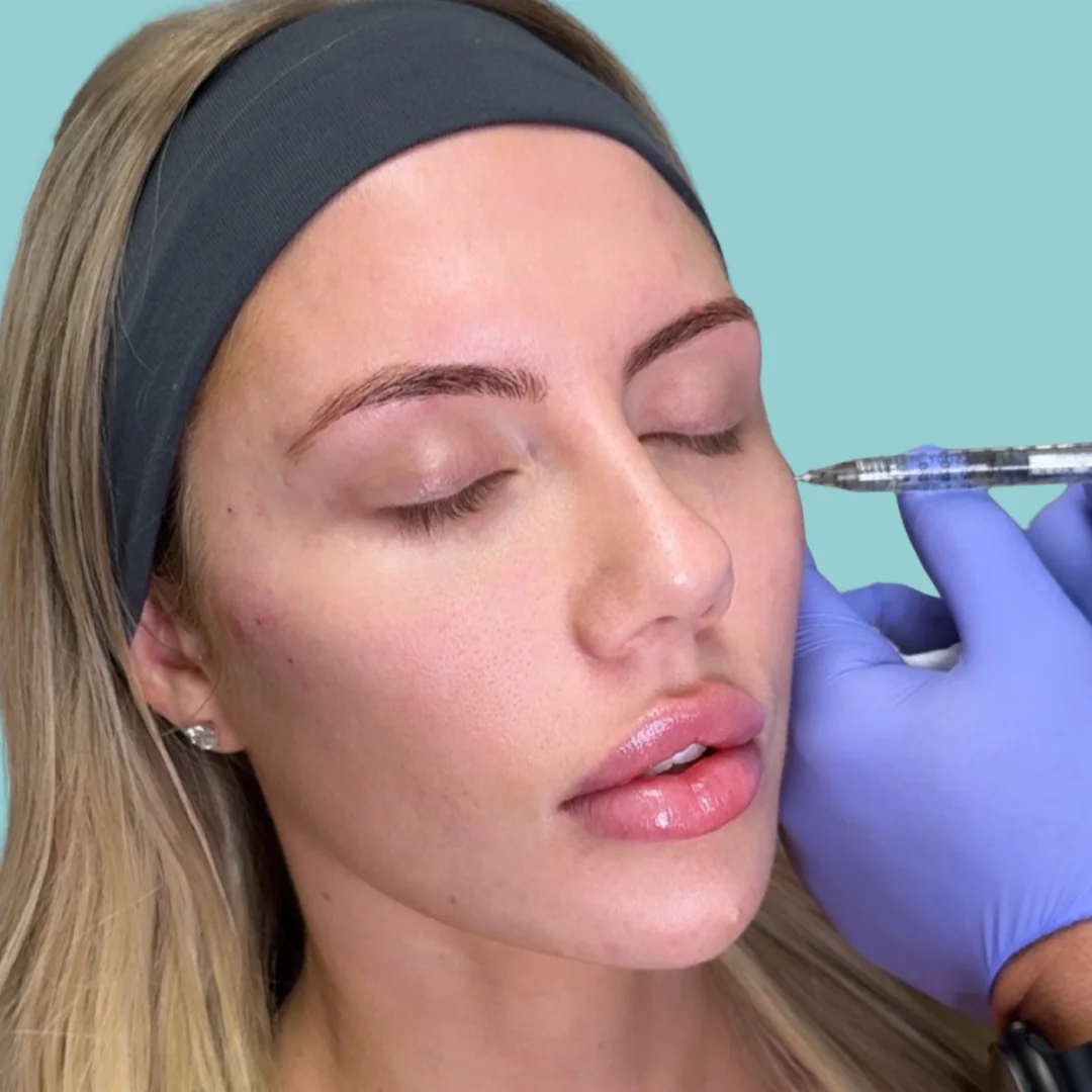 Facial injectable treatment pictured against an aqua background